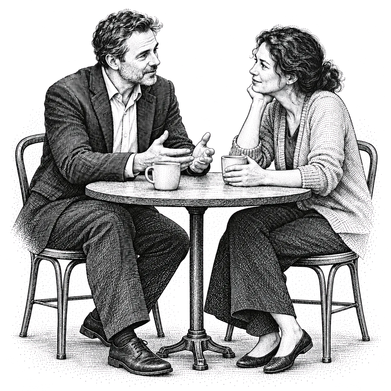 Pen-and-ink hedcut-style illustration of an advisor and a prospective client seated across a table in conversation