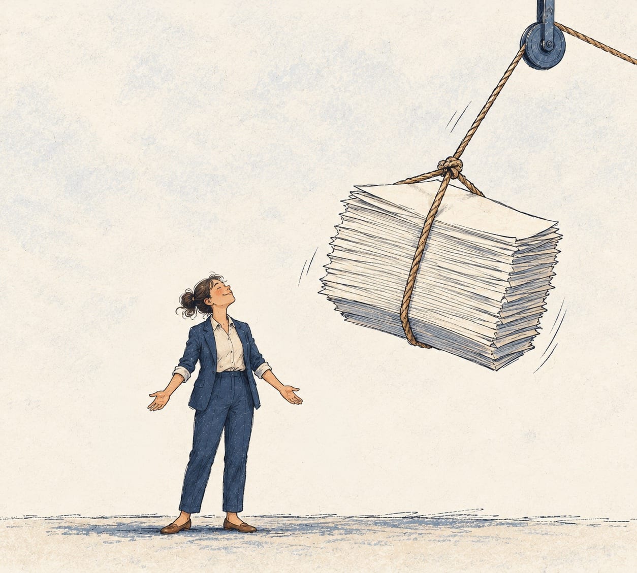 A stack of paper account statements lifted away by a pulley, while an advisor stands unburdened below