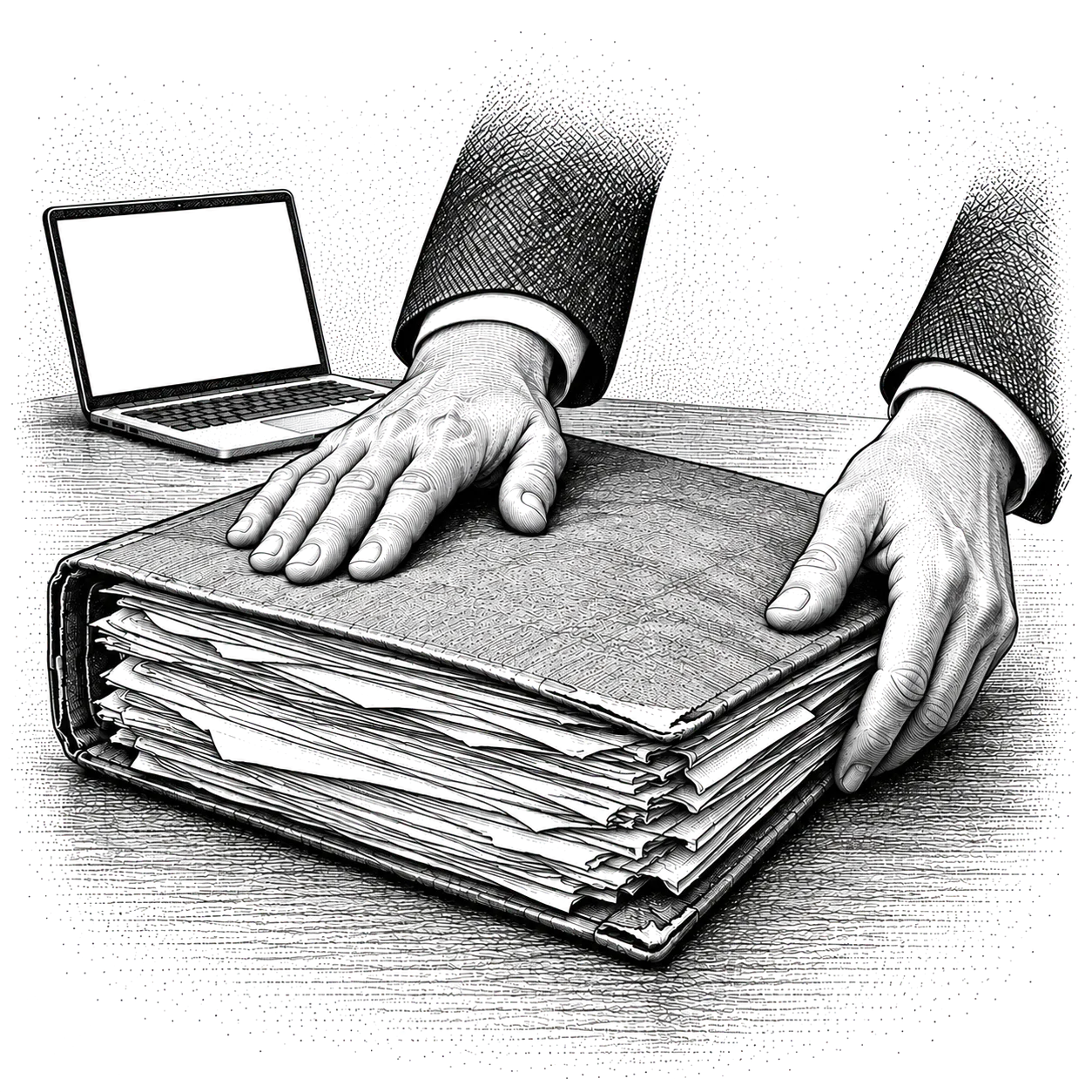 Pen-and-ink hedcut-style illustration of hands closing a thick folder of paper account statements beside a laptop