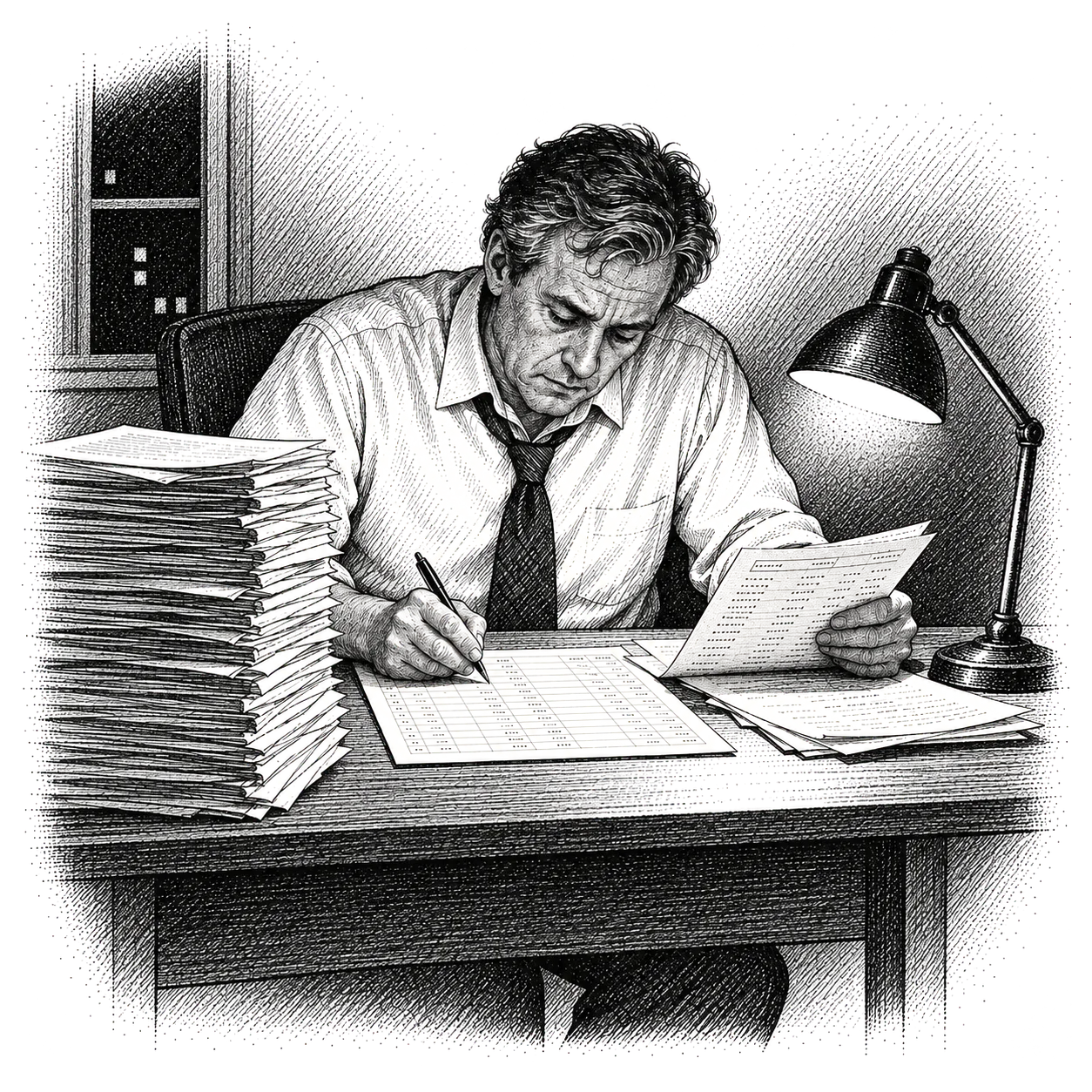 Pen-and-ink hedcut-style illustration of a wealth advisor at a desk late at night, keying figures from a tall stack of account statements