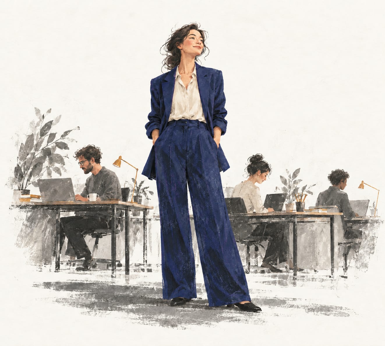 A woman in an indigo suit stands smiling in an open office while colleagues work at their desks behind her.