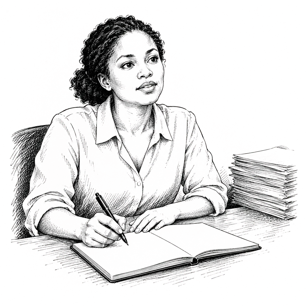 A woman at a desk with a notebook, a stack of paper forms set aside at the corner.