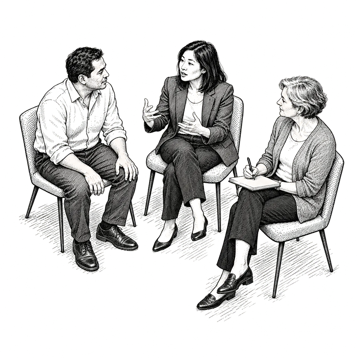 Two people in conversation while a third watches and takes notes.