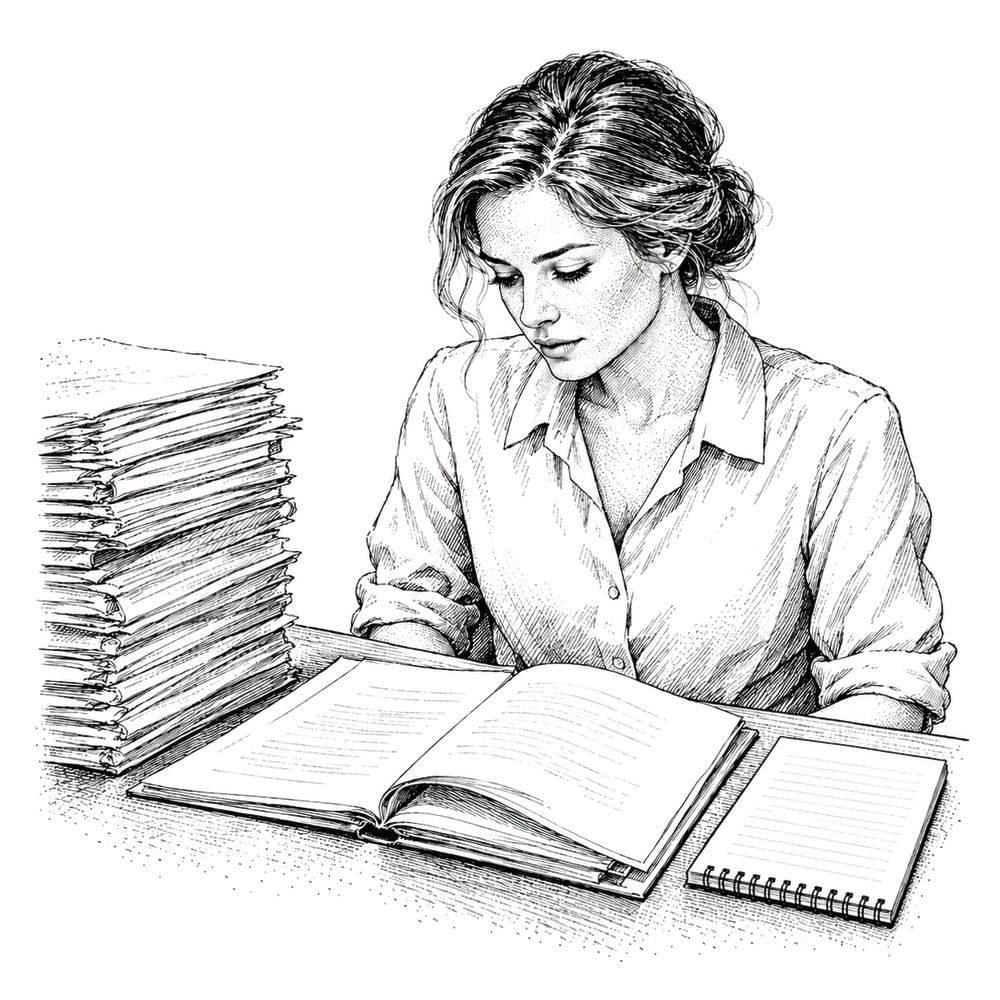 A woman reads closely through a tall stack of paper client records, one record open before her and a notepad beside it.