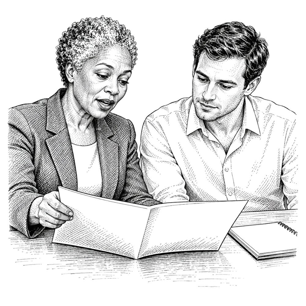 A specialist turns an open plan document toward a colleague as she explains it.