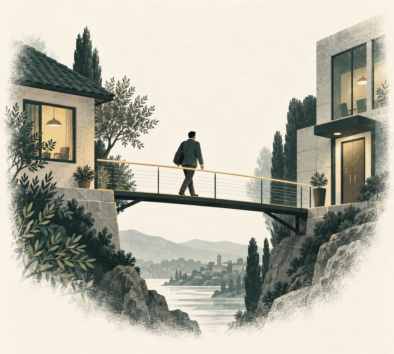 A man with a bag walks across a narrow footbridge, lit by a gold rail, from a house with a glowing window toward an office building.