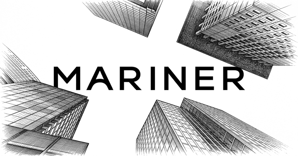 Pen-and-ink office towers seen from below, framing the Mariner wordmark.