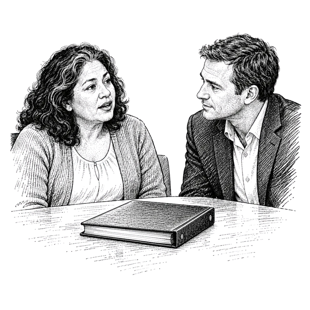 A business owner talks while her advisor leans in to listen, a single binder on the desk between them.