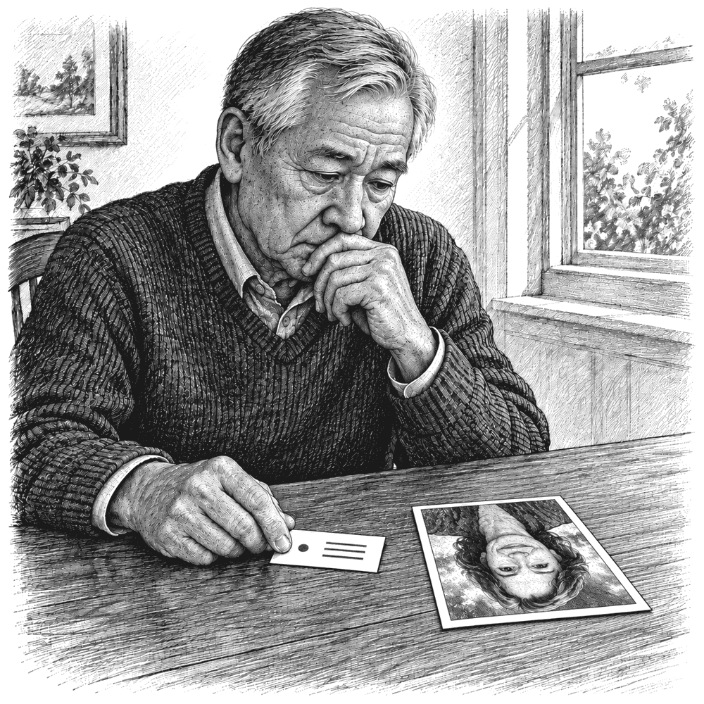 Pen and ink drawing of an older man at a table looking at a business card and a kind-faced portrait