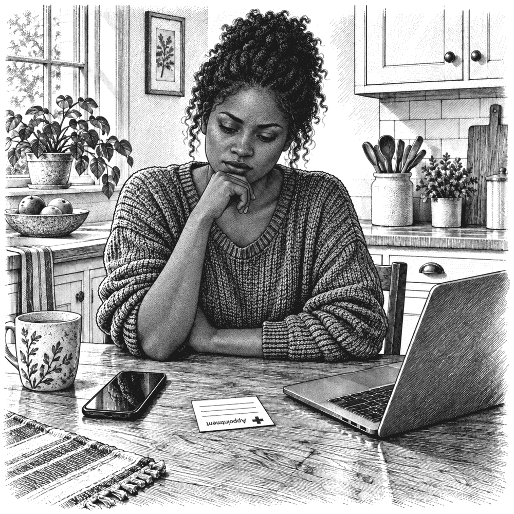 Pen and ink drawing of a woman at a kitchen table with a phone, a laptop and a clinic appointment card in front of her
