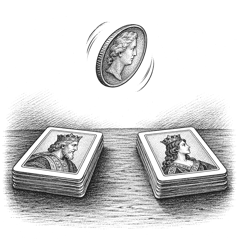 Pen and ink drawing of a coin in the air above two small piles of cards