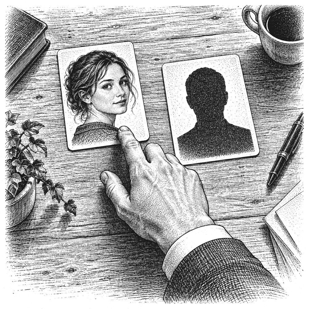 Pen and ink drawing of a hand choosing between a portrait and a blank silhouette