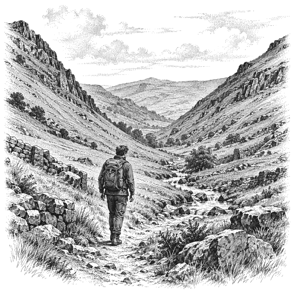 Pen and ink drawing of a walker at the bottom of a valley between two rises