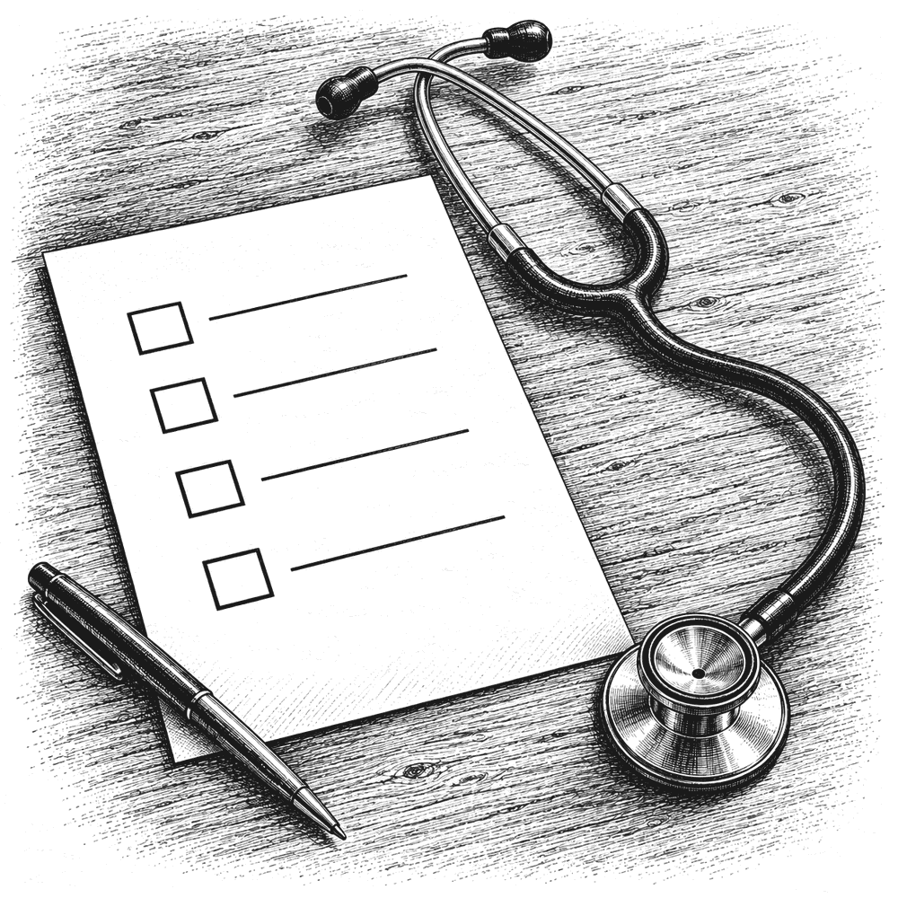 Pen and ink drawing of a short questionnaire with four tick boxes beside a stethoscope