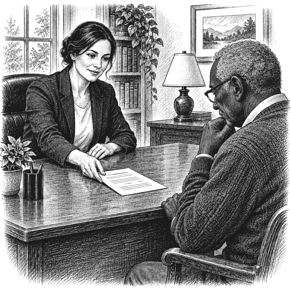 Pen and ink drawing of an advisor sliding a single page across a desk to an older client