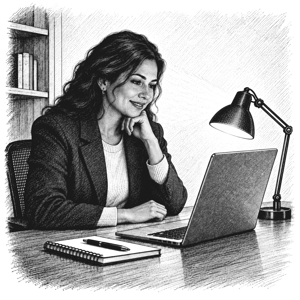 Pen and ink drawing of an advisor at a desk with a laptop and a small lamp lit toward her face
