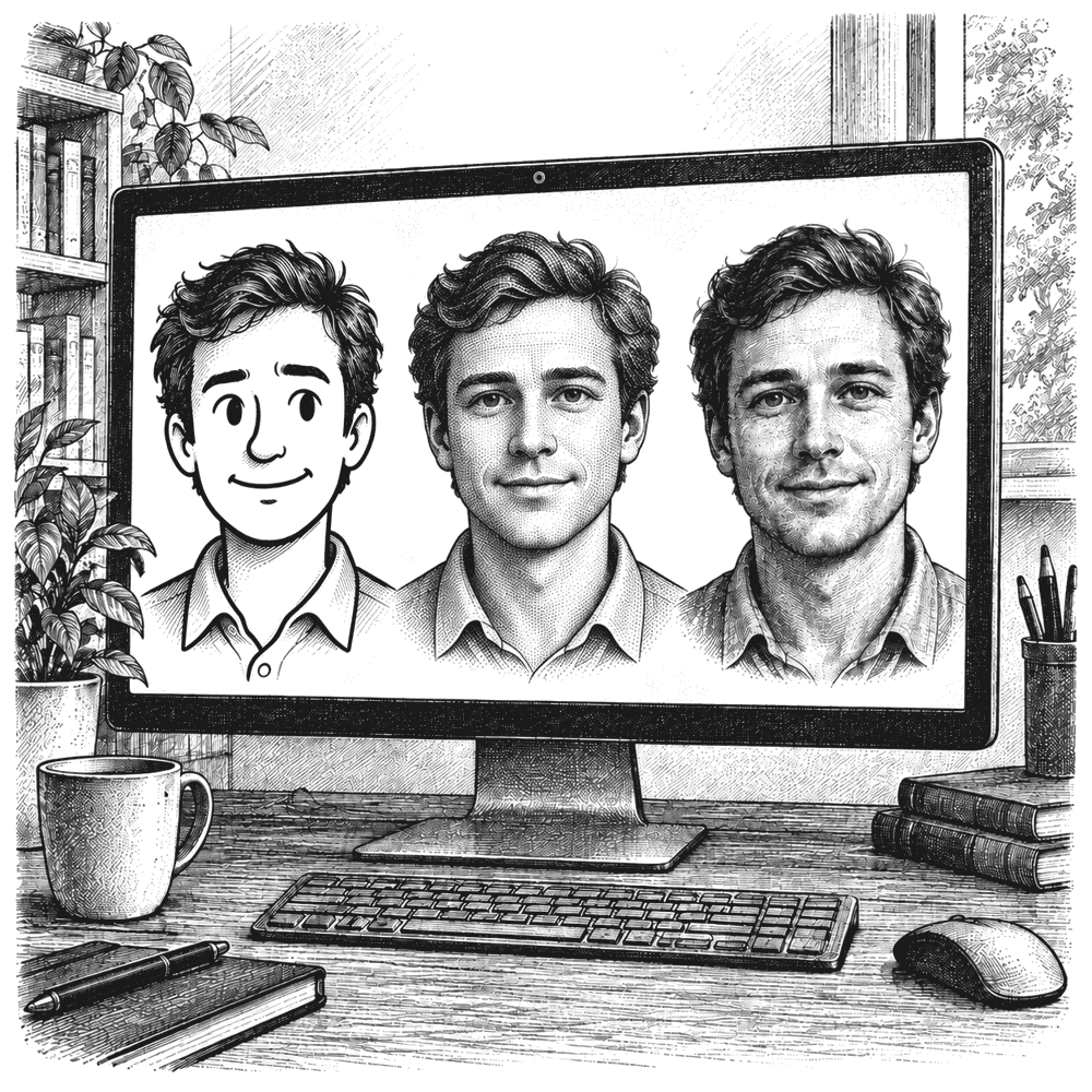 Pen and ink drawing of three faces on a screen: a cartoon, an almost-human rendering and a lifelike portrait