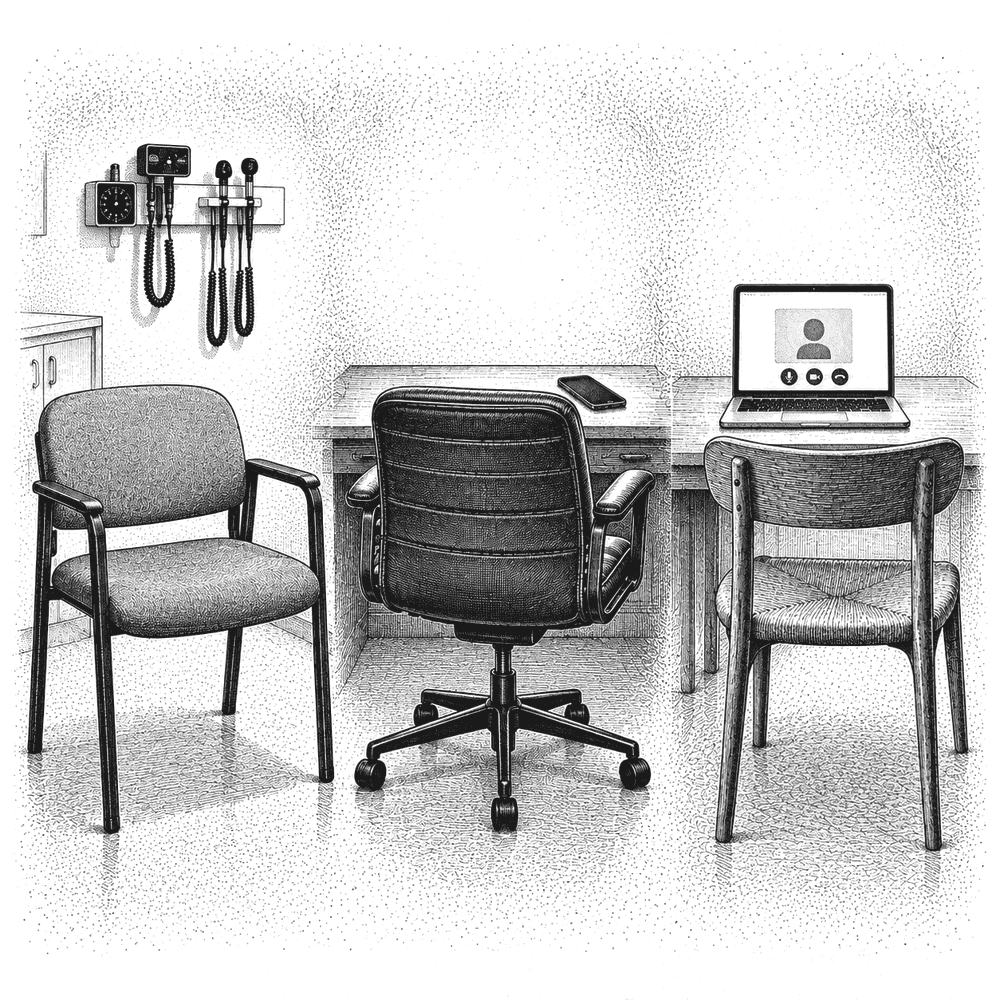 Pen and ink drawing of three chairs: one in a clinic, one at a desk with a phone, one in front of a laptop