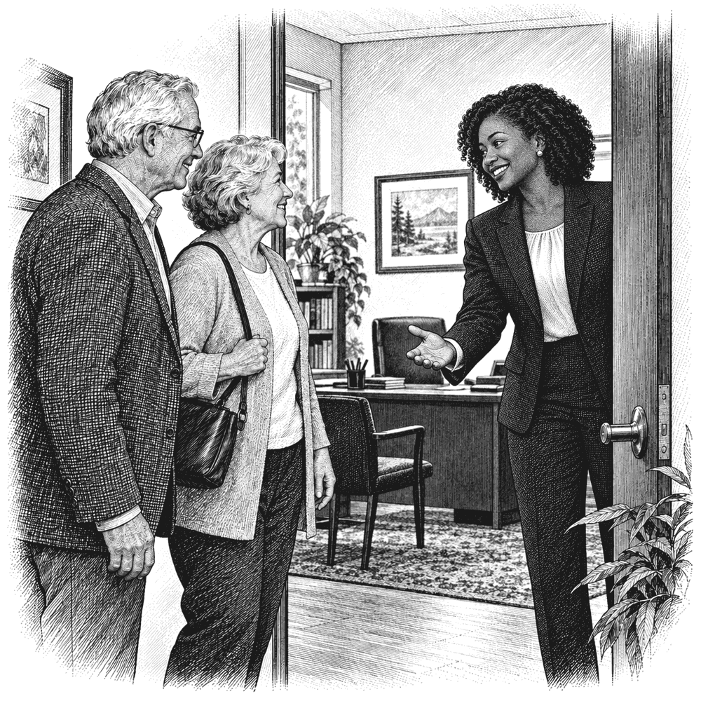 Pen and ink drawing of an advisor greeting an older couple at an office door