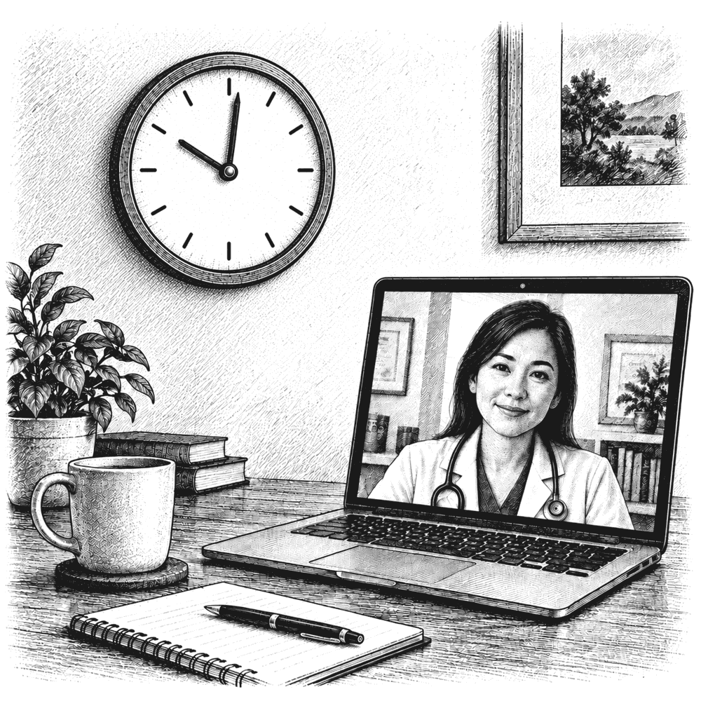 Pen and ink drawing of a wall clock beside a laptop showing a doctor, the minute hand barely moved