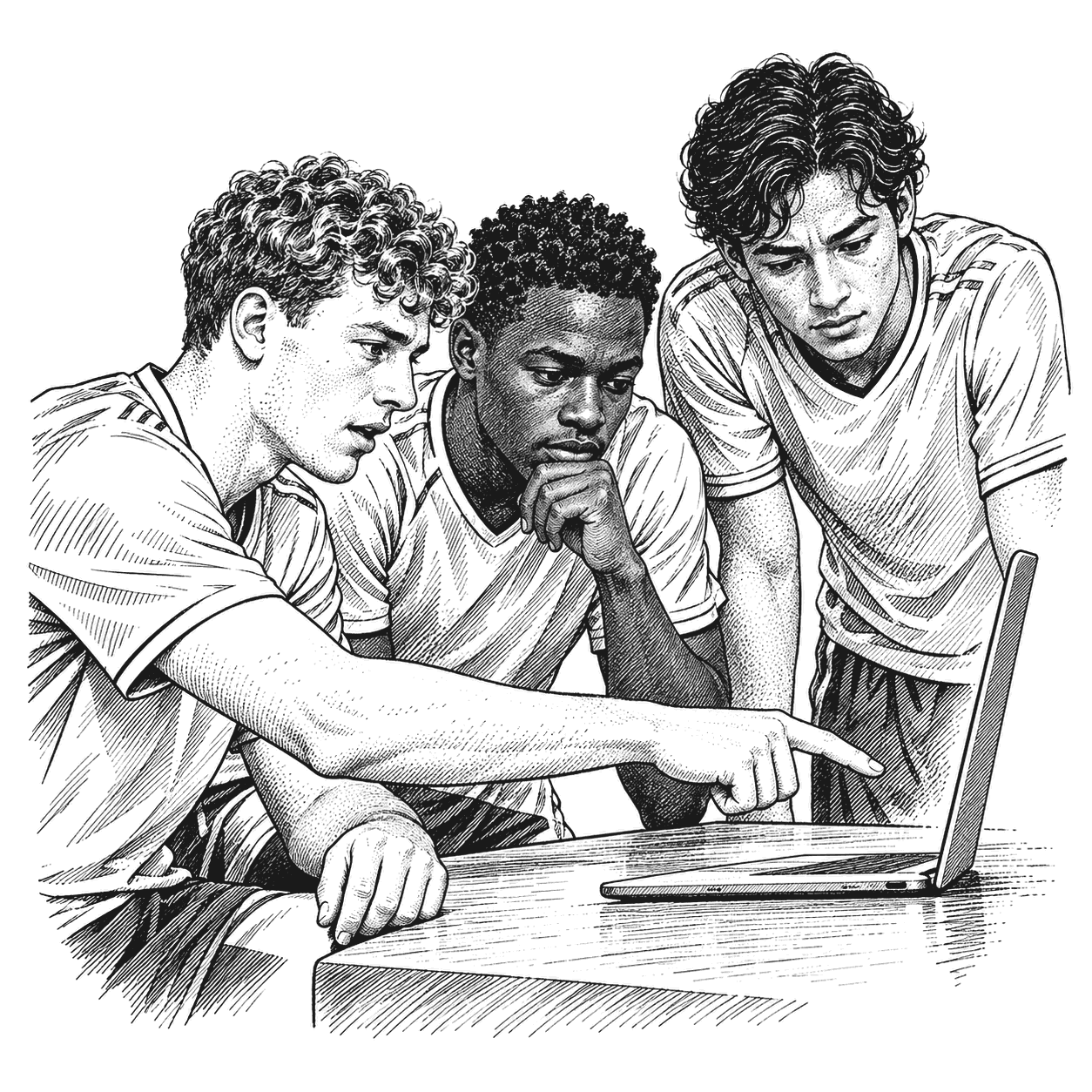 Pen and ink drawing of soccer players gathered around a laptop after a match, one pointing at a paused frame of the game