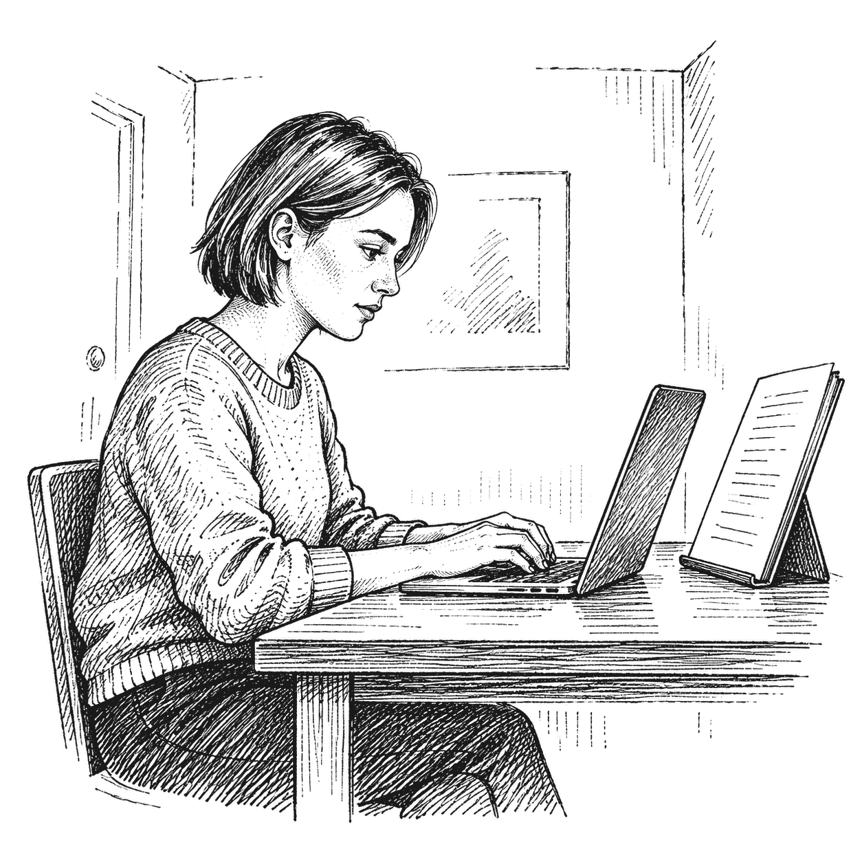 Pen and ink drawing of a research assistant in a small room typing at a laptop, a printed script propped up beside the keyboard