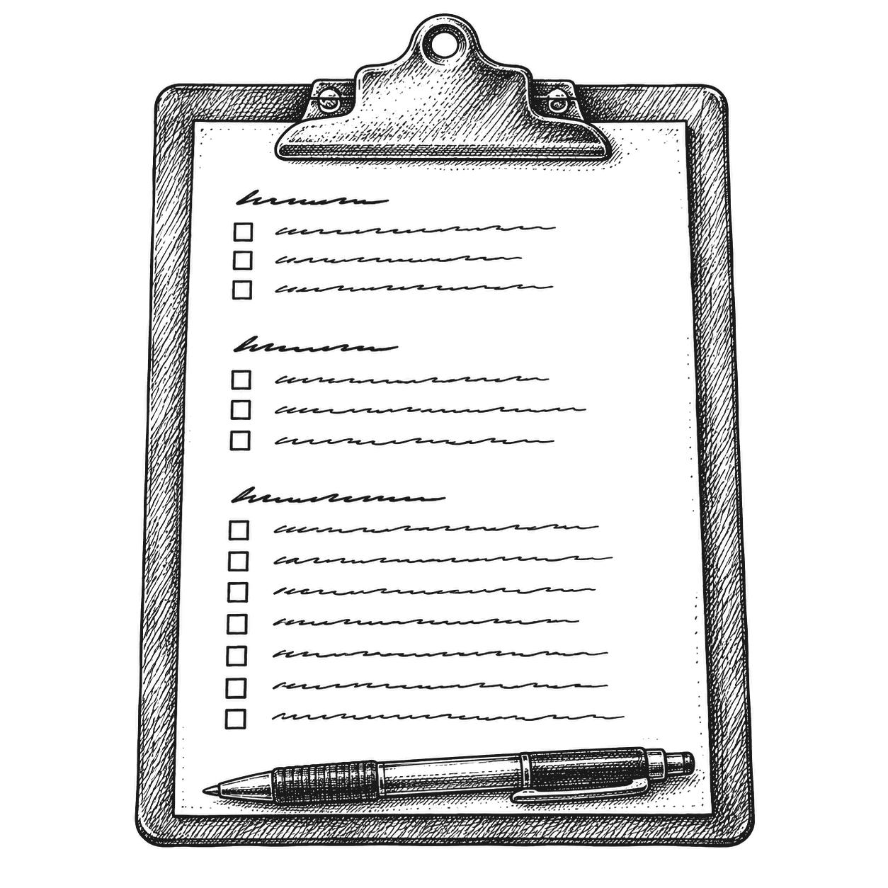 Pen and ink drawing of a questionnaire page on a clipboard, three groups of statements with tick boxes, the last and longest group headed Faith