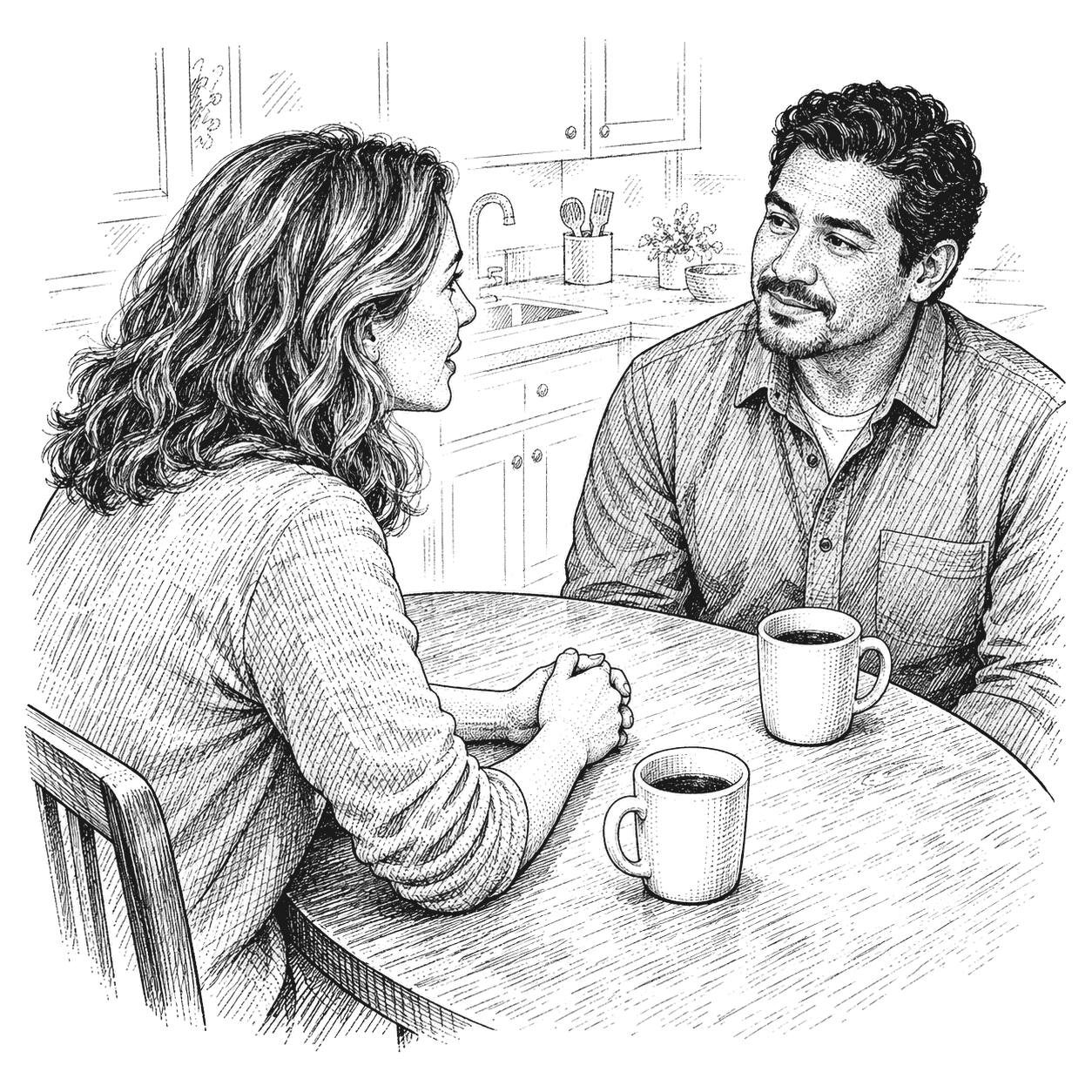 Pen and ink drawing of a young couple at a small kitchen table at night, the woman speaking with her hands folded, the man listening, two mugs between them