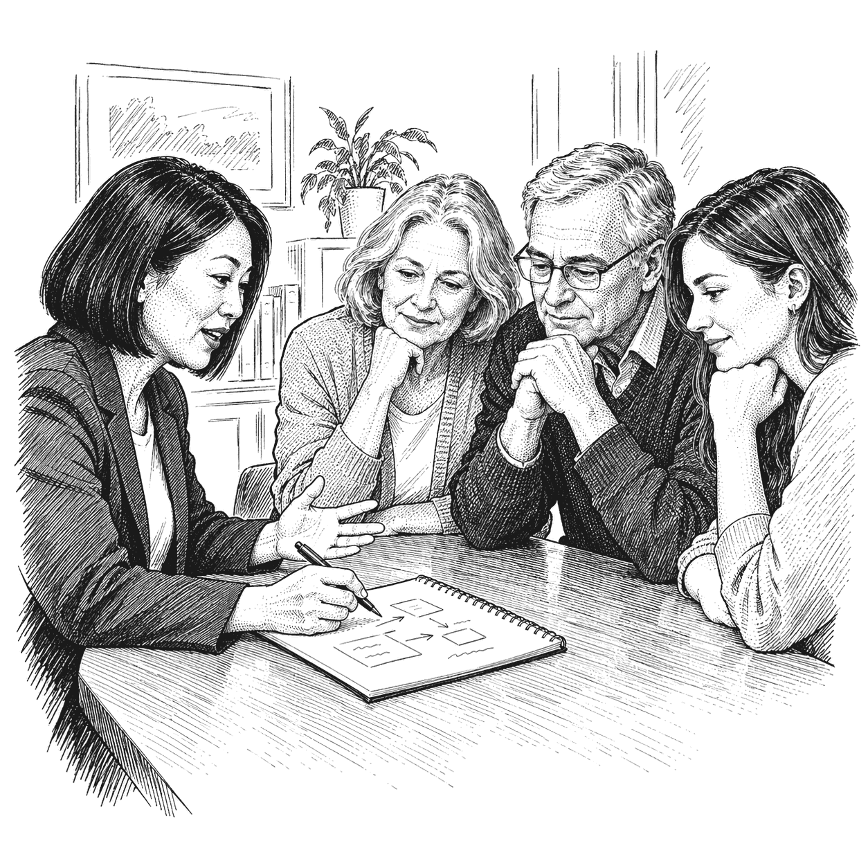 Pen and ink drawing of an advisor at a family meeting, sketching a simple plan on a notepad turned toward a couple and their adult daughter