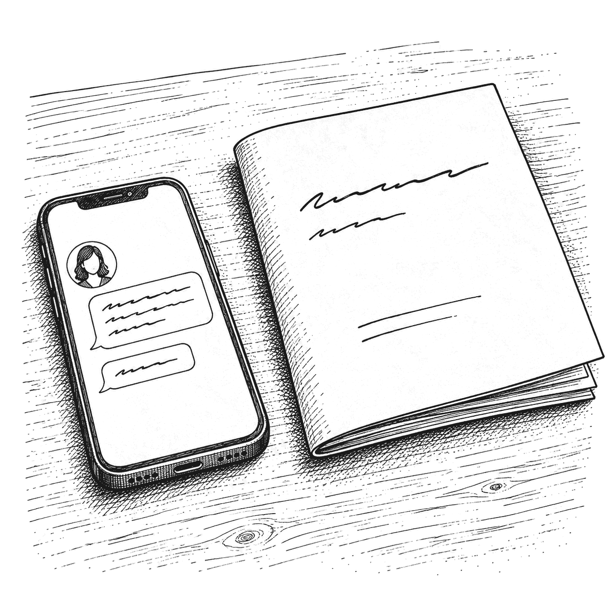 Pen and ink drawing of a phone on a desk showing a short message from an advisor, a quarterly report folded beside it