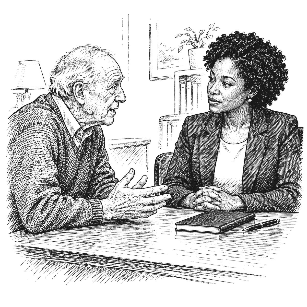 Pen and ink drawing of an older client leaning forward across a desk, speaking, while an advisor listens with a closed notebook and a pen set down