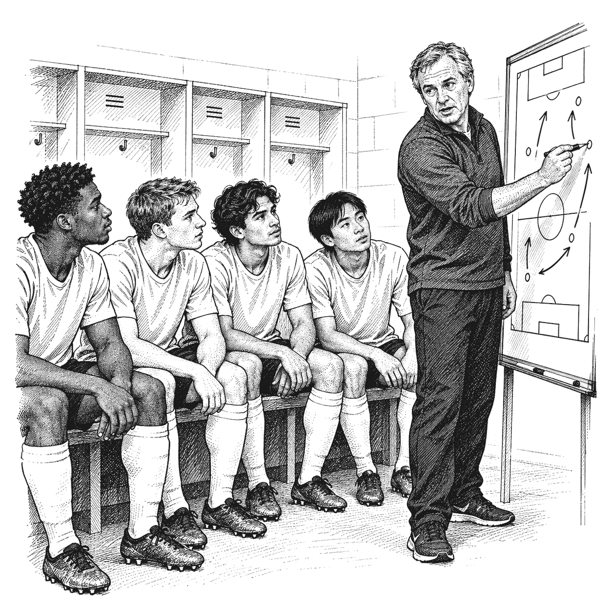 Pen and ink drawing of a soccer locker room at halftime, a coach drawing arrows on a whiteboard while players on a bench watch, some looking at the board and some at his face