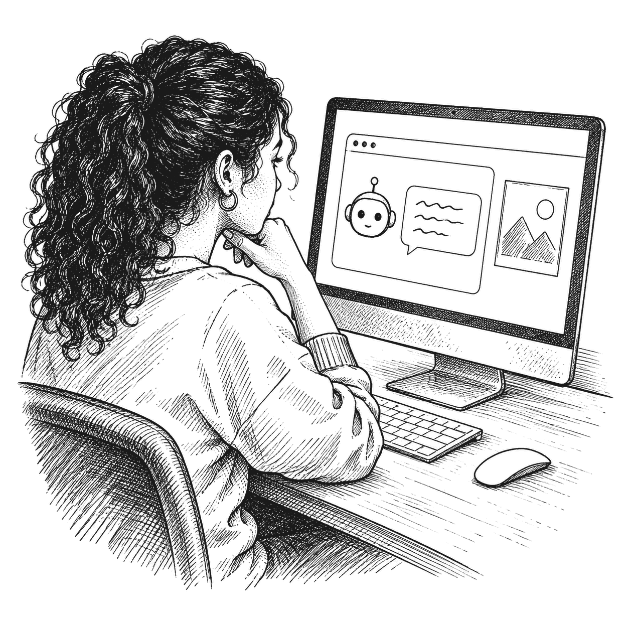 Pen and ink drawing of a college student at a computer, a chat window open on the screen with a friendly greeting from a small robot avatar, a framed digital artwork beside it