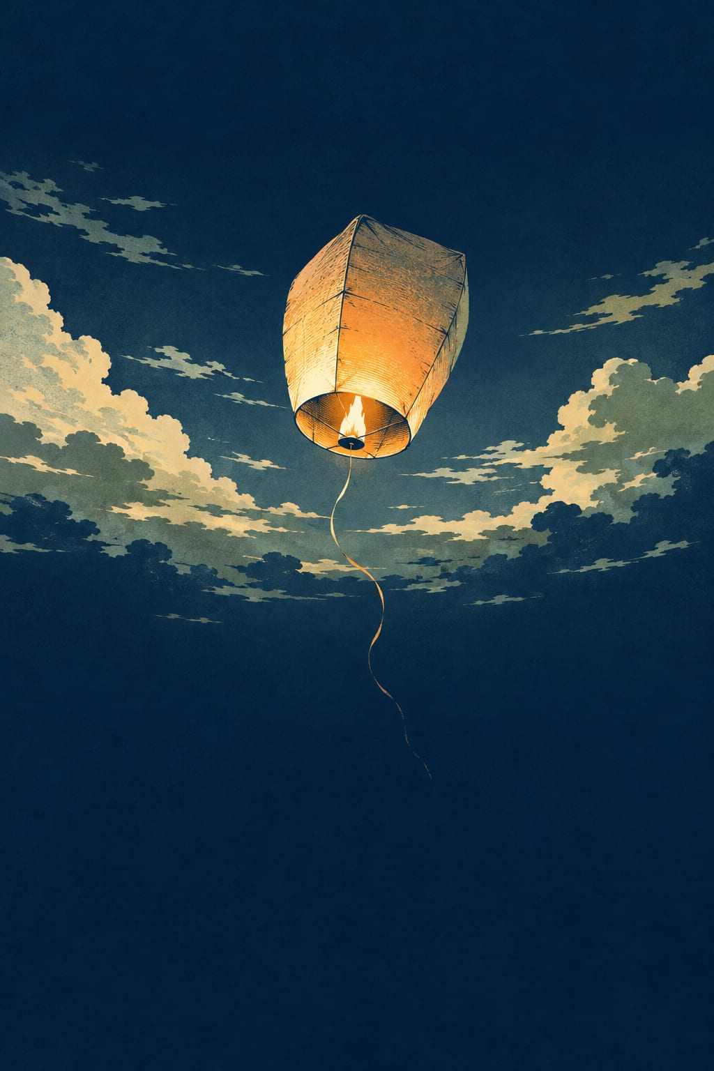 A single glowing paper lantern drifts alone through a dark blue night sky above ragged clouds, its flame lit inside and a thin cut string trailing beneath it into the dark.