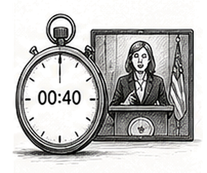 Pen and ink drawing of a stopwatch beside a small screen showing an official speaking at a lectern