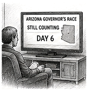 Pen and ink drawing of a television screen showing a map with the words still counting, watched from an armchair
