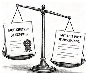 Pen and ink drawing of a balance scale with a certificate on one pan and a paragraph of text on the other, the text side lower
