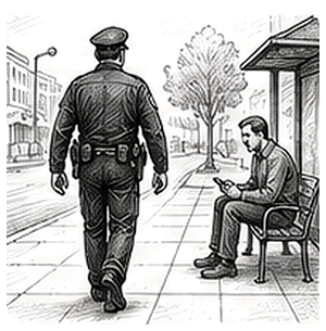 Pen and ink drawing of a uniformed officer walking a city sidewalk toward a person waiting at a bus stop