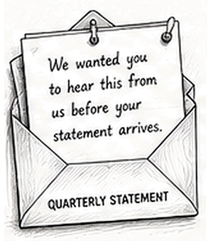 Pen and ink drawing of an envelope marked quarterly statement with a smaller note pinned to the front of it
