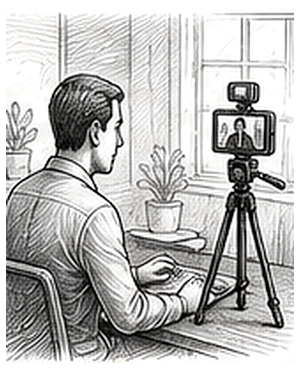 Pen and ink drawing of a calm sunlit office with an advisor recording a short video at a desk