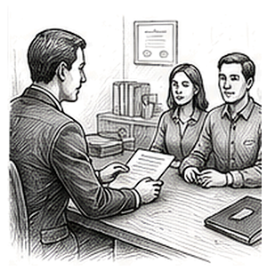 Pen and ink drawing of an advisor at a desk sliding a single sheet of paper across to a couple