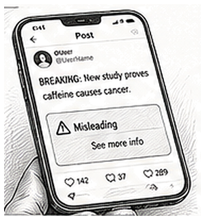 Pen and ink drawing of a phone screen showing a social media post with a warning label attached below it