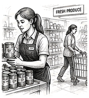 Pen and ink drawing of a grocery store worker stacking tins on a shelf while a shopper passes by