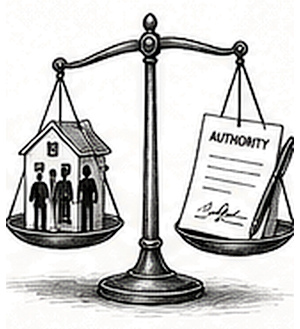 Pen and ink drawing of a set of scales with a small house and a family on one side and a signed authority document on the other