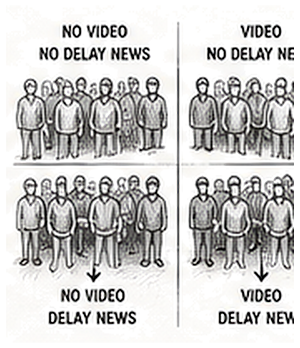 Pen and ink drawing of a crowd divided into four labelled blocks by two crossing dividers