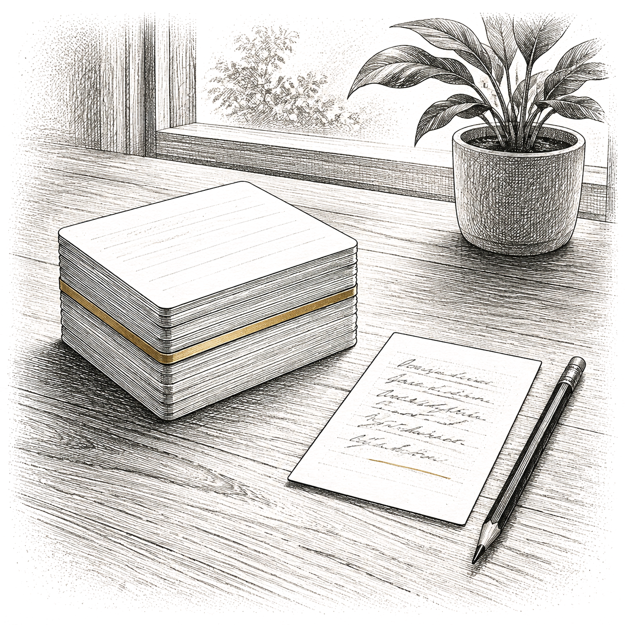 Pen and ink drawing of a thick presentation deck stacked beside a single handwritten note