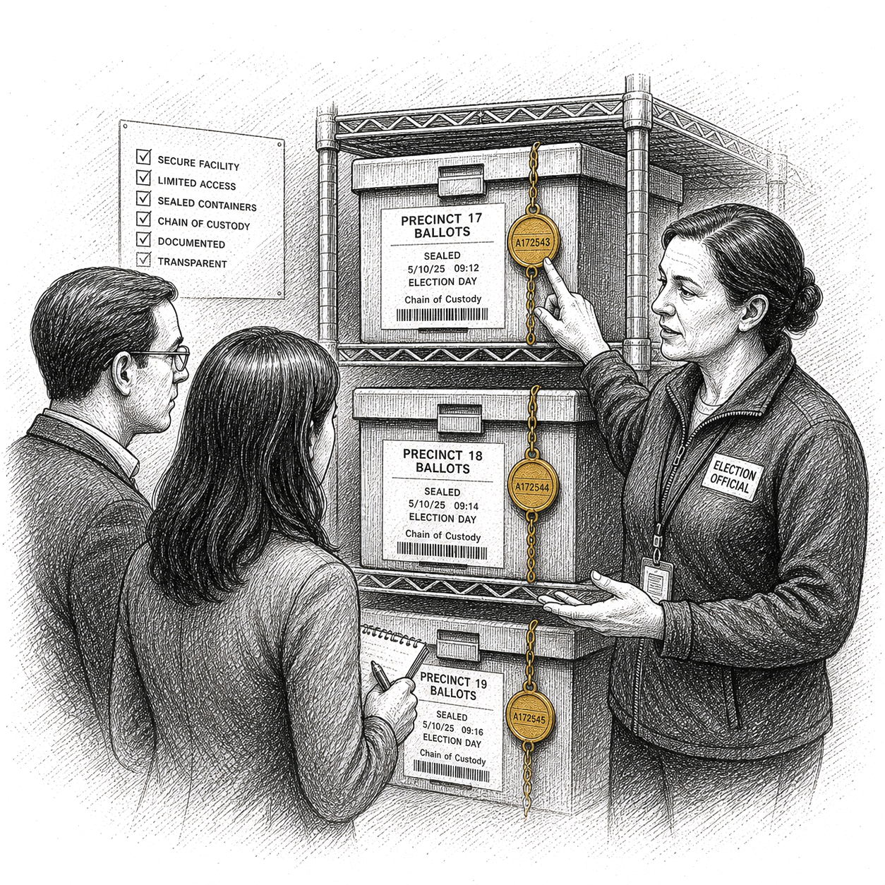Pen and ink drawing of an election official standing beside racks of sealed ballot containers