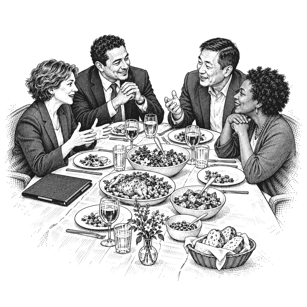 Two visitors in business suits and two hosts at a long dinner table, a closed folder by one visitor's place