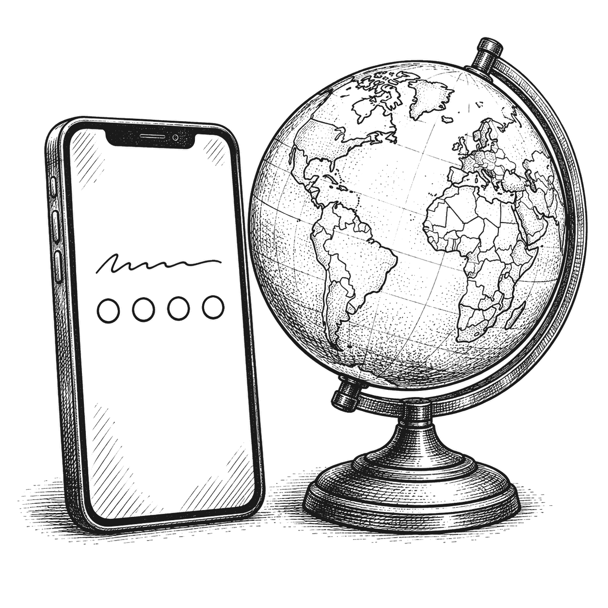 A smartphone showing one survey question with a row of empty answer circles, beside a small globe