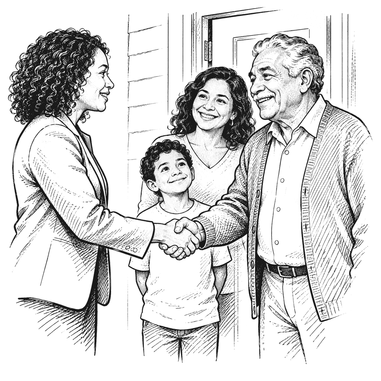 An advisor shakes hands with a grandfather at the open door of a family home, while his adult child and a grandchild stand behind him